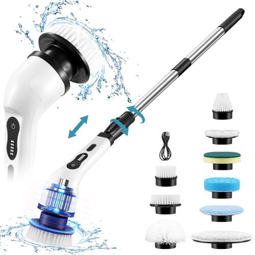 Electric Spin Scrubber, Upgrade 9 in 1 Electric Bathroom Cleaning Brush Scrubber, IPX6 Waterproof Power Scrubber, 450RPM Powerful Cleaning, with Extension Arm for Kitchen, Tile, Sink, Wall, Car Wash