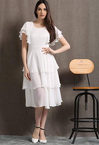 Image of Women Layered Georgette Fit & Flare Midi Dress | Round Neck Flutter Sleeve Knee Length Dress | Tiered Party Dress for Women Evening and Casual Styling