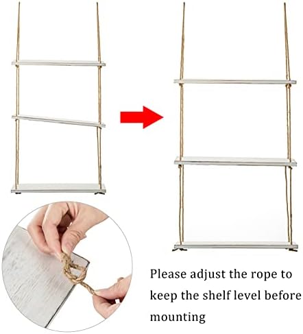 Sziqiqi Hanging Wooden Shelves for Wall - 3 Tier Rustic Shelves Rope Shelf for Plants Display Wall Shelves for Living Room Bedroom Bathroom Kitchen Office