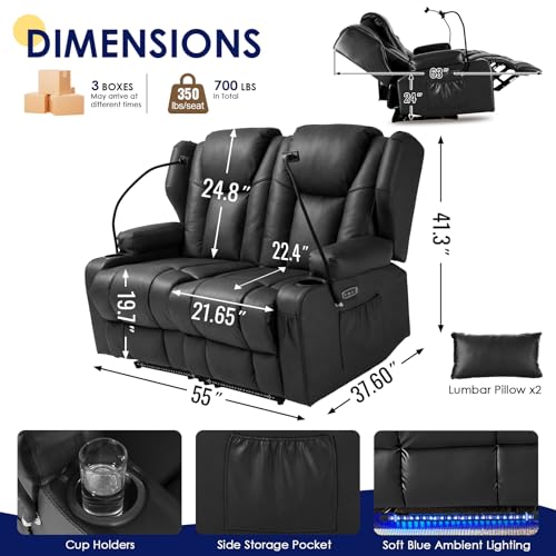 Image of Redlife Power Loveseat Recliner Sofa, PU Leather Dual Reclining Couch with Vibration & Heating, Blue LED Base Light, USB Ports, Phone Holders & Cup Holders, Home Theater & RV Reclining (Black)