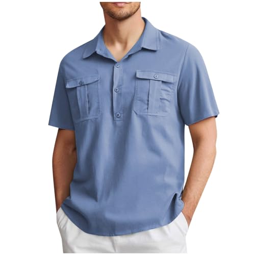 Linen Shirt for Men Button Collared T-Shirt Short Sleeve Summer Beach Clothes Casual Hawaiian Dress Tops with Two Pocket Western Pullover Vintage Golf Office Polyester 01#,Blue,Petite