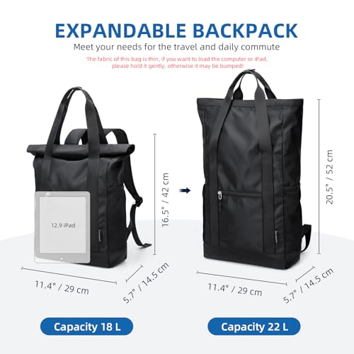 GOLF QUALITY Rolltop Rucksack Damen Herren, Rucksack Tasche 2 in 1 Damen Foldable Handtasche Leichtgewicht Casual Schultertasche Nylon Reiserucksack Arbeit Wander,22L Schwarz