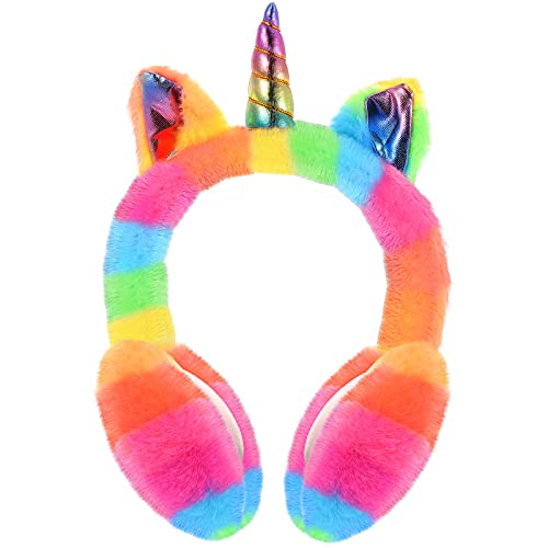Satinior Unicorn Winter Earmuffs, Cartoon Ear Plush Fluffy Warm Foldable Soft Warmers (Rainbow Color), One Size #TOP11