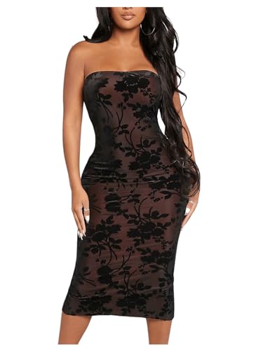 Image of SweatyRocks Women's Floral Print Tube Bodycon Dress Elegant Strapless Split Hem Midi Dress