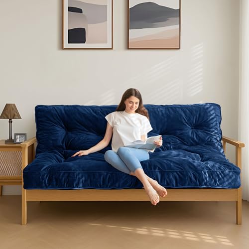 MAXYOYO 6' Futon Mattress Full Size, Velvet Thick Futons Sofa Couch Bed, Versatile Floor Mattress for Adults, Shredded Foam Filling (Frame Not Included), Navy