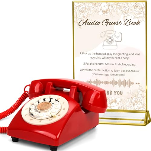 Image of Audio Guest Book Wedding Phone,32GB Memory Record Customized Audio Messages, Volume Adjustable, Perfect for Any Party (Red + Sign)