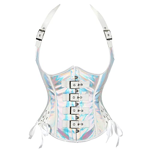 Aecibzo Women's Fashion PU Leather Steampunk Underbust Corset Bustier Top (X-Large, Silver)