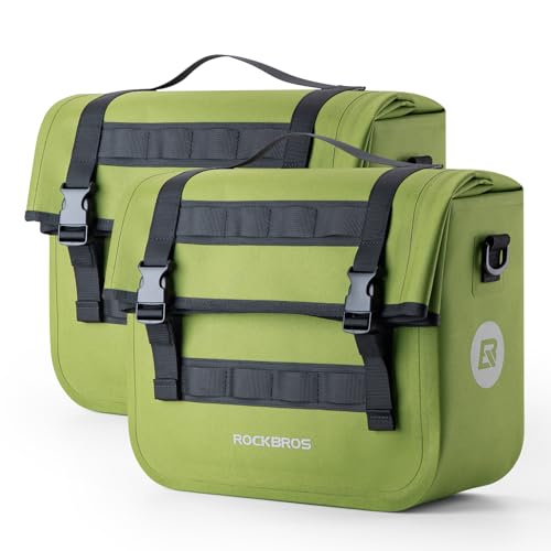 ROCKBROS Bike Panniers 15L Capacity Waterproof Bike Rack Bag Bicycle Panniers for Cycling Commuting Bikepacking Green 2PCS