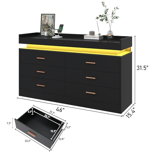 Image of jiteentarou 6 Drawer Dresser with Charging Station and LED Lights, Modern Chest of Drawers with Power Outlet, Organizer Cabinet for, Living Room, Black