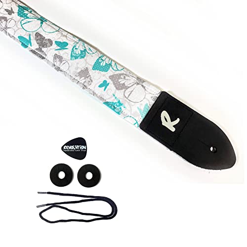 Silver Butterfly Guitar Strap, Teal, Genuine Leather Ends