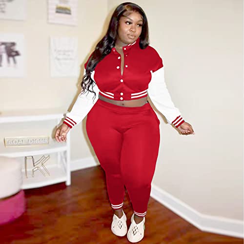 Aidomaggie 2 Piece Sweatsuits For Women, Plus Size Sweatsuits Sets Patchwork Button Pants Tracksuit Casual Jacket #TOP4