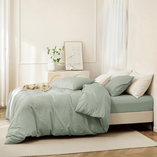 JIYUAN 100% Washed Cotton Duvet Cover Set 3 Pieces Super Queen, 1 Duvet Cover 90x98 Inches(Comforter Not Included) and 2 Pillowcases,Linen Feel Bedding Set Comfy and Breathable, Heathered Sage Green