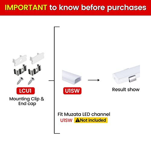 Image of Muzata LED Channel Install Accessories Including 12Pack Stainless Steel Mounting Clips and 6Pack Grey End Caps fit U1SW U Shape Aluminum LED Strip Light Channel LCU1 WW