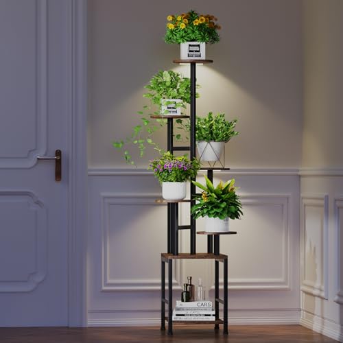 Image of Homsorout Plant Stand Indoor with Grow Light,6-Tiered Tall Plant Stand Indoor, Metal Plant Shelf with Adjustable Light, Ideal for Living Room, Garden, Patio (Black Brown)