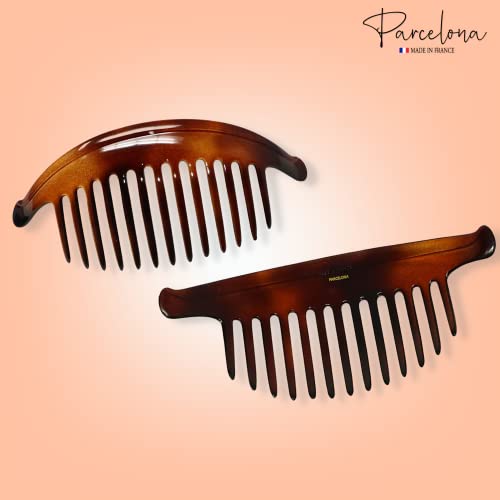 Parcelona French Tortoise Large 7" 13 Teeth Interlocking Combs Banana Wide Edge Set Of 2 French Hair Side Combs Flexible Durable Strong Hold Hair Clips For Women No Slip Styling Girls Hair Accessories, Made In France #TOP3