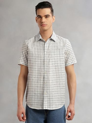 Image of Thomas Scott Men's | Checks | Half Sleeve | Slim Fit | Linen Blend | Spread Collar | Casual Shirt