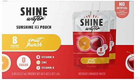 ShineWater Fruit Punch Electrolyte Water Pouches - Pack of 8 (6oz Each) - Naturally Flavored with Vitamin D, Powerful Hydration and Plant-Based Antioxidants, Zero Sugar - Great for Kids