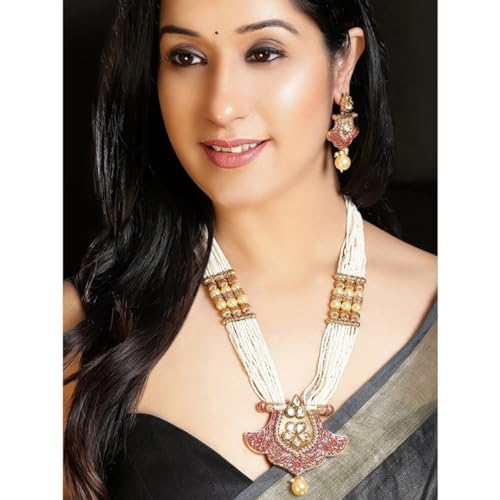 Image of Rubans Pearl Long Necklace Set Gold Plated Traditional Stylish Jewellery Gift for Women & Girls