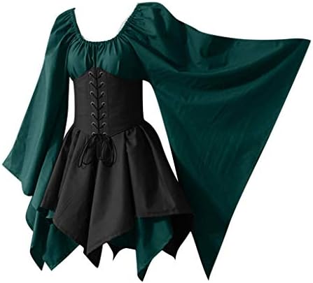 WoYii Women's Renaissance Medieval Costume Flare Sleeve Gothic Corset Skirt Overskirt Elven Archer Fancy Dress Irish Over Gown (Green, S)