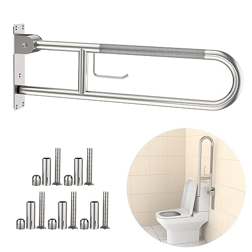 Toilet Grab Bar 30.3 Inch, Munzong Brushed Nickel Anti-Slip Support Rail, U Shaped Flip-Up Grab Bar with Paper Holder, Stainless Steel Knurled Handicap Safety Handrails for Disabled Elderly Pregnant by Munzong - Used condition - CA$44.07