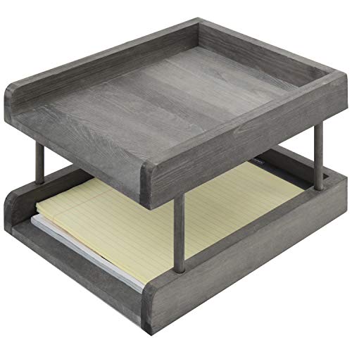 MyGift 2-Tier Rustic Grey Wood Paper File Organizer in and Out Tray/Office Desktop Document Holder