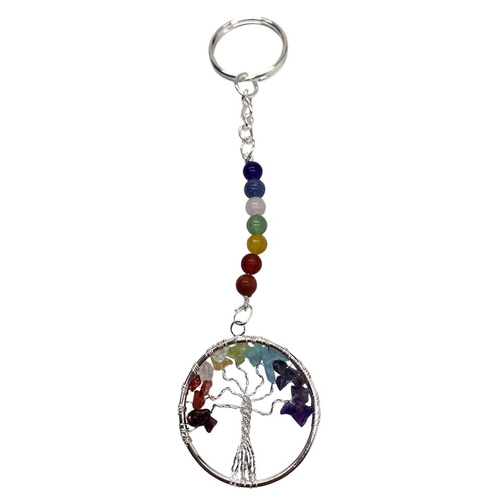 VIE Naturals Mixed Gemstone 7 Chakra Tree of Life Keychain, 15x3cm