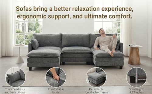 Image of 110.4 inch L Shaped Modular Sectional Sofa, Comfy Upholstery Chenille Cloud Couch with USB, Modern 4-Seat Deep Seat Sofa with Ottoman for Living Room, Apartment, Grey