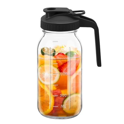 1Pc Wide Mason Jar Pitcher,64oz Glass Pitcher with Lid Double Leak-proof with Handle Water Jug Wide Mouth Breast Milk Pitchers Fridge Container for Water, Juice (1, Black)