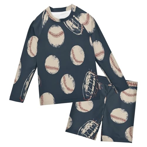 Retro Baseball Print Boys Swimsuit Rash Guard Toddler Kids Long Sleeve Swim Shirt and Trunks Swimwear Set 3-10Y