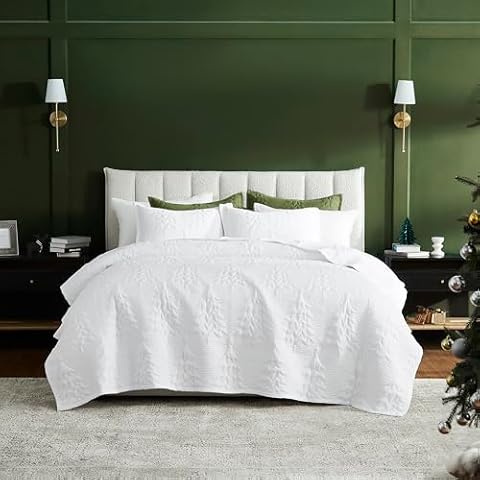 WDCOZY Christmas Twin Size Quilt Bedding Sets with Pillow Sham, White Lightweight Soft Bedspread Coverlet, Thin Comforter Bed Cover, All Season, 2 Pieces, 68x90 inches Cover
