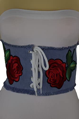 Women Fashion Wide Waistband Light Blue Denim Fabric Corset Belt High Waist Red Rose Flower M/L4