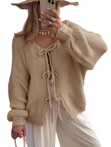 Image of chouyatou Women's Cute Bow Knot Cardigan Fall Casual Oversized Ribbed Knit Sweater Cardigan Tops