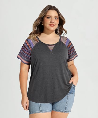 Image of CARCOS Plus Size Tops for Women Short Sleeve Shirt Summer Star /Leopard /Tie Dye /Flower Crewneck Pullover Tunic XL-5XL