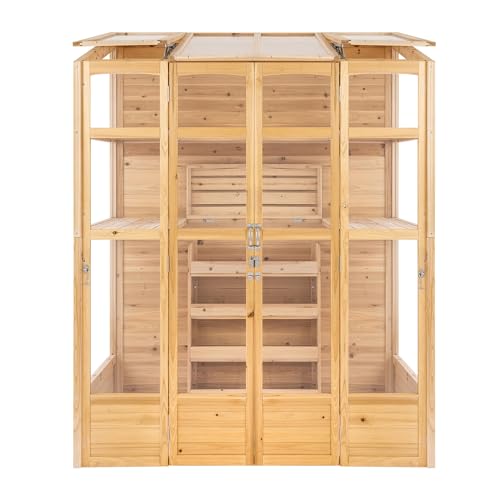 Serre de Jardin Adossée 2 m x 1,55 m en Bois Naturel Style Classique Haut Mur Peinture Imperméable Accessible Adossé 2 Portes Battantes Toit Ventilation Automatique Porte à Loquets [Jardinière INCLUS]