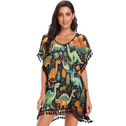 KAAVIYO Cartoon Green Dinosaurs Women's Beach Cover Up Chiffon Tassel Swimwear Swimsuit Coverups for Girl