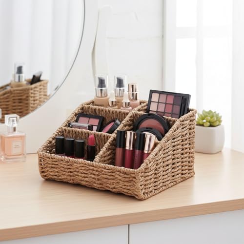 Image of Makeup Organizer, Hand-woven Wicker Basket for Dresser Vanity and Bathroom Countertop, 6 Compartment Skincare Organizer Cosmetic Display Case, Beauty Holder for Lipstick Brush Eyeshadow Palette