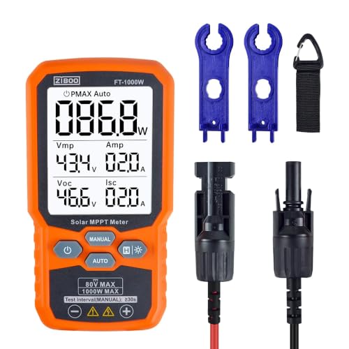 ZIBOO FT-1000W Solar Panel Tester MPPT Meter - 1000W Max Power, 80V/35A PV Module Tester for Voc/Isc, Open Circuit Voltage & Short Circuit Current, with Backlight & Data Hold