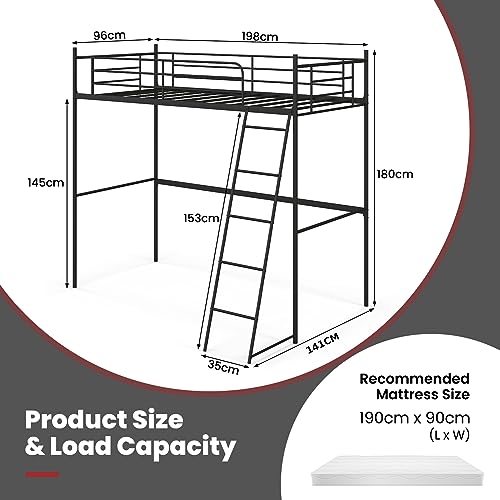 Multigot Loft Bunk Bed, Metal Ladder Bed Frame with Safety Guardrail, Single Space-Saving High Sleeper Beds for Kids Teens Adults (Black) 3 Multigot Loft Bunk Bed, Metal Ladder Bed Frame with Safety Guardrail, Single Space-Saving High Sleeper Beds for Kids Teens Adults (Black) - Image 3