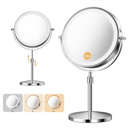 tubbede Makeup Mirror, 1X/30X Double Sided Magnifying Mirror/Switch with 3 Colors, 3200 mAh Rechargeable, 8