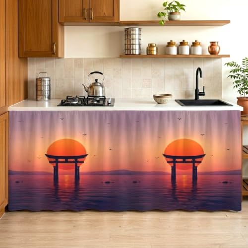 Image of Kitchen Curtains for Sink | Premium Printed Under-Sink Skirt for Kitchen Counter | Washable & Dustproof Rod Pocket Curtain | Home & Cooking Theme Decor (150cm x 70cm) (Japan Gate)