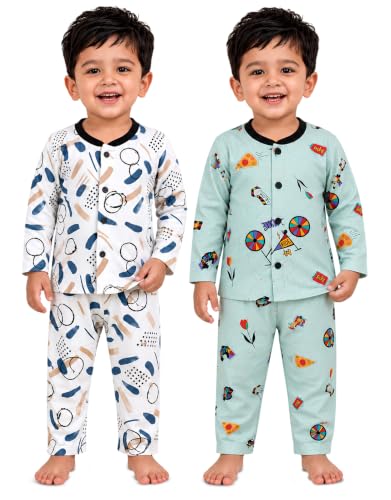 Image of 3BROS Kids Pure Cotton Night Suit Set | Boys Girls Printed Sleepwear Shirt & Pajama Clothing Combo | Soft Breathable Night Dress Outfit | Pack of 2