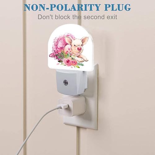 Image of Watercolor Cute Flower Pig Night Light for Kids, LED Night Light Plug into Wall with Dusk to Dawn Sensor for Girls Boys Women Men Room Decor, Hallway, Kitchen, Bathroom, Nursery, Stairs