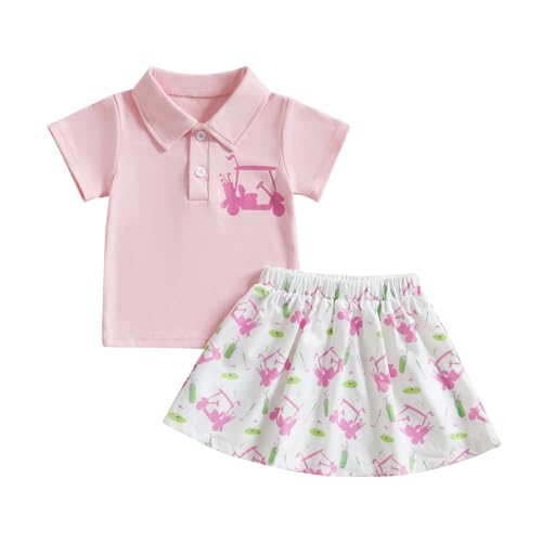 Image of Dewadbow Toddler Girl Golf Outfit Short Sleeve Hole in One Collared Shirt and Golf Print Mini Skirt Set 6 12 18 24M 2 3 4T (Cart, 6-12 Months)