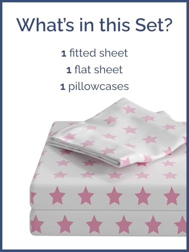 Image of Kids Twin Size Pink Stars Bed Sheets - 3 Piece Kids Pink Stars Sheet Set | Pink Stars Themed Bedding, Ultra-Soft, Cute & Cozy, Breathable & Machine Washable, Bed Set for Boys, Girls & Teens & Cooling