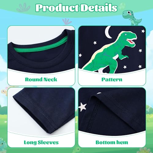 FILOWA Camiseta Niños Manga Largas Algodón T-Shirt Cuello Redondo Azul Marino tee Elástica Cómoda Luminoso Dinosaurio Brachiosaurus Estampado Top Primavera Otoño Invierno Ropa para Infantil 3-4 años