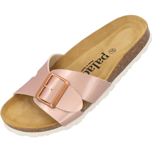 Palado Pantoletten Damen Tinos - bequeme Sandalen Made in Spain - elegante Hausschuhe mit Kork-Fußbett - modische Sommerschuhe Rosa Lack/Rose UK7 - EU40