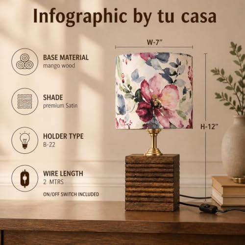 Image of tu casa Wooden Table Lamp Printed Satin Shade for Bedroom, Living Room