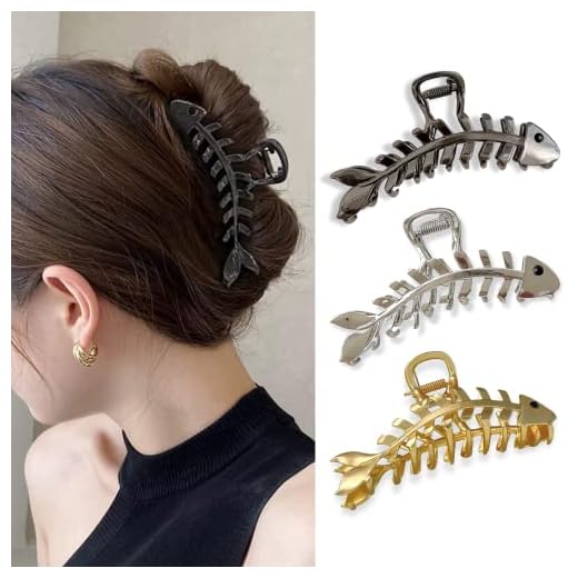 Hair Clips Metal Fish Hair Claw Clips for Thick Hair for Women Fish Bone Shape Banana Clips French Barrettes Hair Styling Accessories Gold Silver Black Elegant Metal Hair Ornaments Hairpin 3Pcs