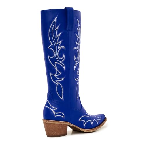 Image of Uillnoodu Women's Turquoise Cowgirl Boots - Wide Calf Mid Calf Western Boots Plus Size Embroidered Cowboy Style with Block Heel