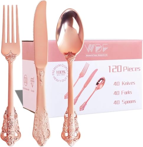 WDF 120Pieces Rose Gold Plastic Silverware - Heavy Duty Rose Gold Plastic Cutlery Set - Disposable Utensils - Flatware Includes 40 Forks 40 Spoons 40 Knives for Wedding Party Birthday